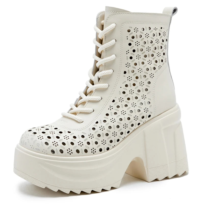Autuspin 10cm Platform Knight Short Boots Women Summer Hollow Genuine Leather Fashion Lace-up Shoes Breathable Ladies Ankle Boot