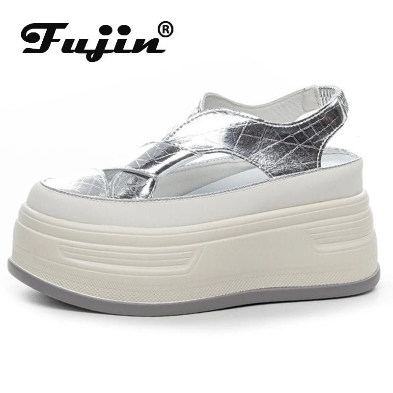 Fujin 8cm PU Patent Synthetic Microfiber Leather Chunky Sneakers Slippers Platform Wedge Sandals Slipper Flats Women Shoes