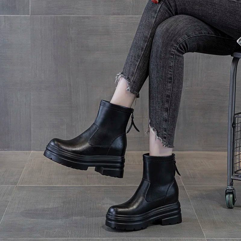 DRKANOL 2025 Autumn Winter Warm Platform Ankle Boots For Women 9cm Thick High Heel Height Increasing Zipper Black Cotton Boots