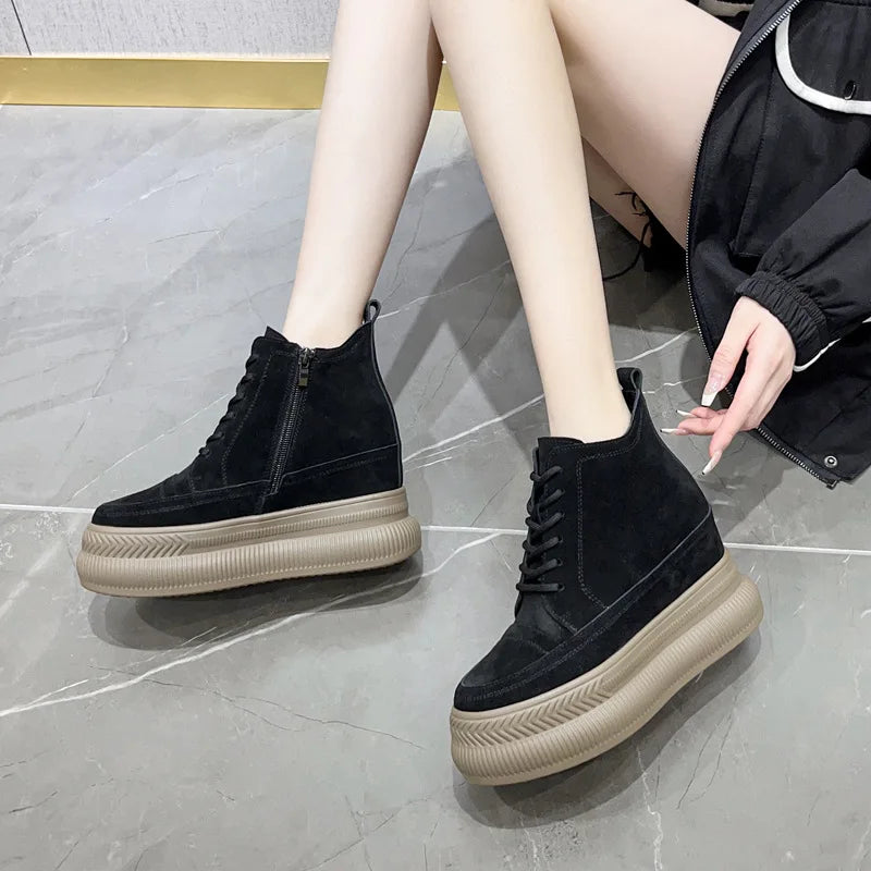 Fujin 10cm Suede Cow Genuine Leather Spring Motorcycle Fashion ZIP Ankle Boots Platform Wedge Flats Women Autumn British Shoes