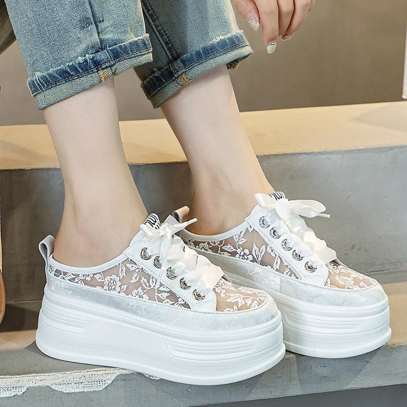 Fujin 8cm Air Mesh Ankle Boot Shoes Pumps Fashion Synthetic Platform Wedge Chunky Sneakers Comfy Summer Slipper Breathable Women