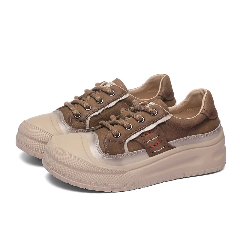AUTUSPIN 4cm Chunky Flats Women Vulcanize Shoes Retro Leisure Genuine Cow Leather Skateboard Shoes Student Sport Sneakers Winter