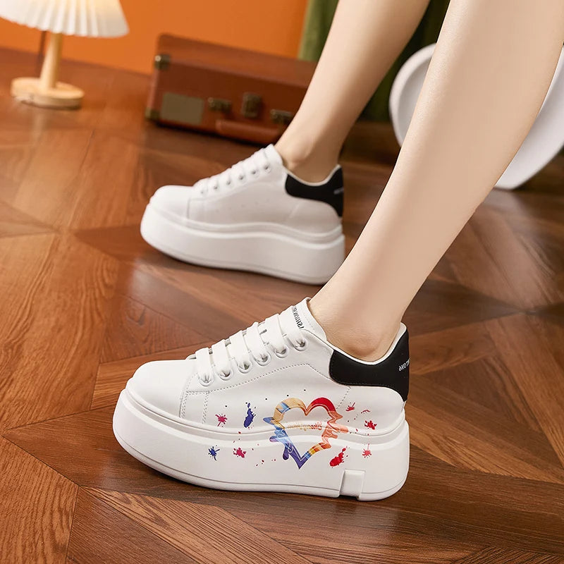 AUTUSPIN White Skateboard Shoes for Women 2025 Fashion Thick Soled Ladies Casual Leather Shoes Outdoor Tide Vulcanized Sneakers