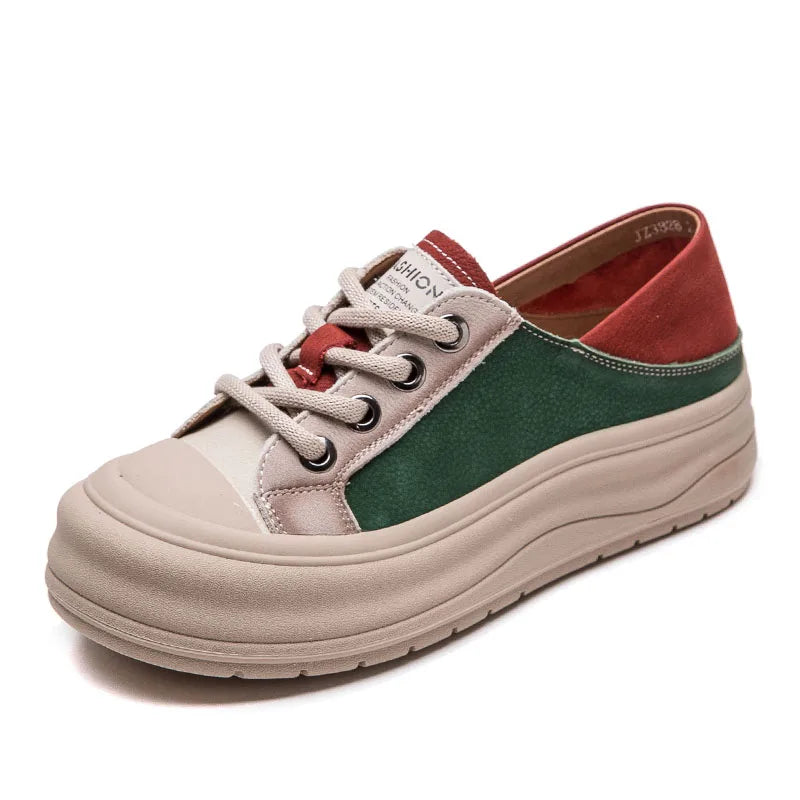 DRKANOL 2025 Women Casual Shoes Mixed Colors Genuine Leather Thick Bottom Chunky Platform Round Toe Women Board Shoes Footwear