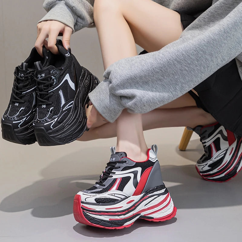 AUTUSPIN 13cm High Brand Platform Women Shoes Winter Autumn Genuine Cow Leather Chunky Leisure Sneakers Wide Toe Sport Shoes