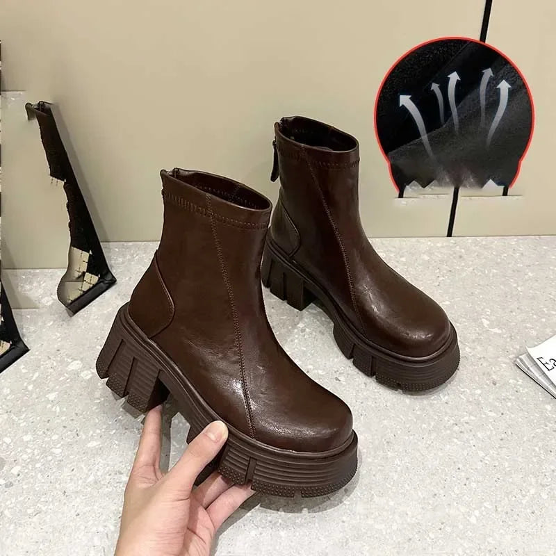 Fujin 7cm Genuine Leather Spring Round Toe Shoes Motorcycle Boots Women Ladies Fashion Chimney Autumn Moccasins Ankle Booties