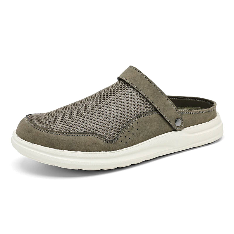 Luxury Men Slipper Comfy Casual Breathable Mesh Shoes Mules Leather Soft Bottom Sandals Summer Outdoor Non-slip Walking Shoes