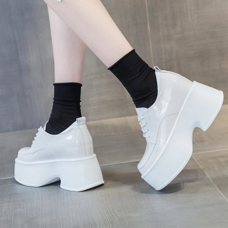 AUTUSPIN 7.5cm Chunky Heel Loafers Women Fashion Sleeky Leather Lace-up Broches Shoes Spring Summer Ladies Oxford Pumps Woman
