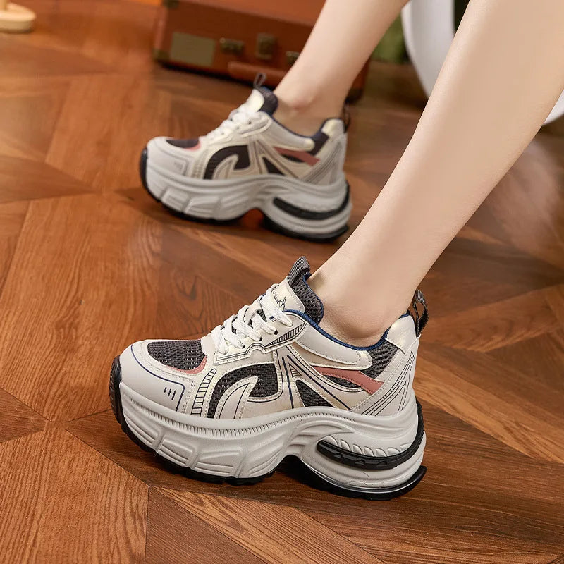 Fujin 9cm Air Mesh Microfiber Leather Women Casual Hidden Heel Shoes Chunky Sneakers Vulcanize Platform Wedge Skateboard