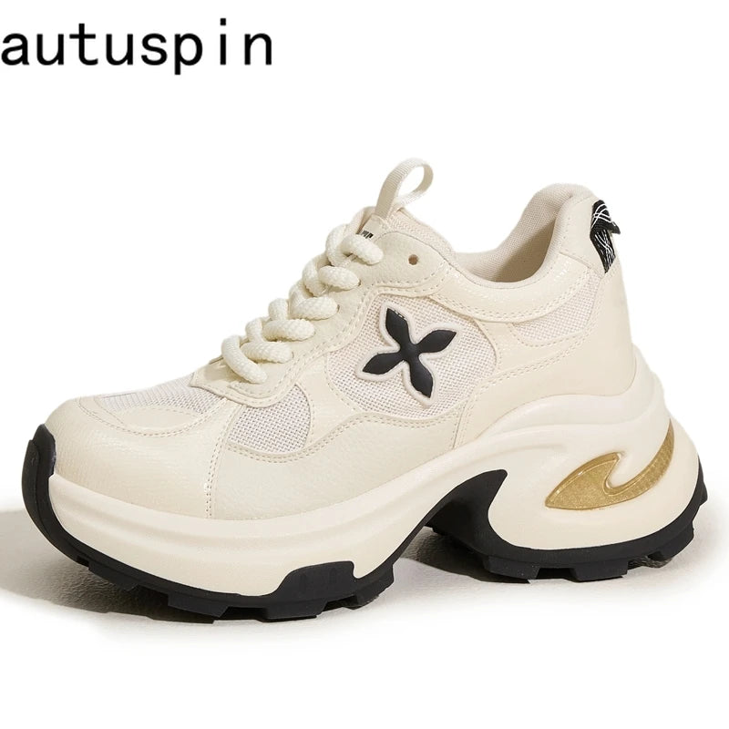 AUTUSPIN 7cm Popular Thick Soled Shoes for Women Fashion Breathable Mesh Leisure White Shoes Platform Chunky Casual Sneakers