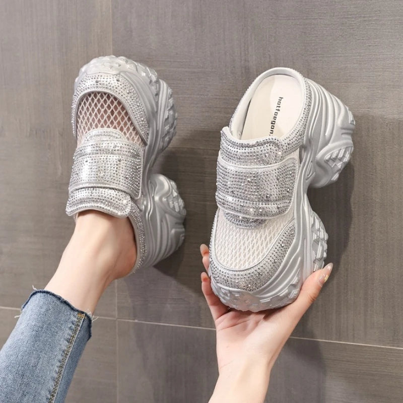 Fujin 9cm Air Mesh Microfiber Leather Women Bling Vulcanize Platform Wedge Flats Chunky Sneakers Slipper Hidden Heel Shoes