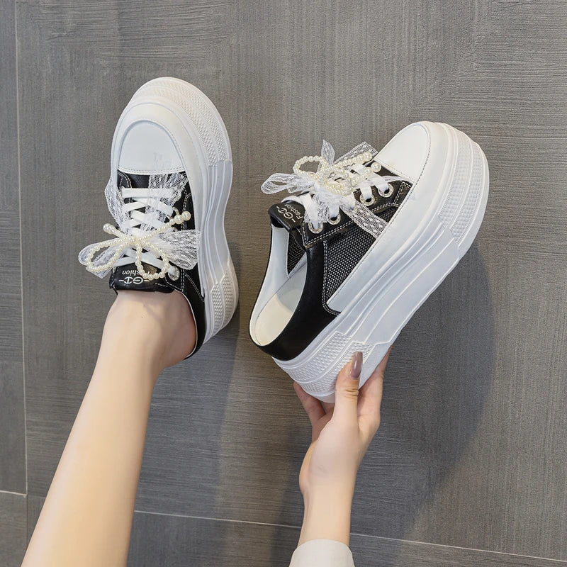 AUTUSPIN 8cm Women Lace Shoes Summer White Cover Toe Slippers High Platform Ladies Casual Sports Sneakers Fashion Sandals Woman