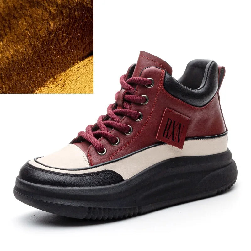 DRKANOL 2025 Women Chunky Platform Ankle Boots Mixed Colors Genuine Cow Leather Lace-Up Thick Soled Wedges Heel Cotton Boots