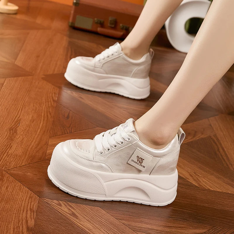 AUTUSPIN 7cm Retro Skateboarding Shoes Women Summer New Arrival Synthetic Leather Sports Sneakers Leisure Platform Walking Shoes