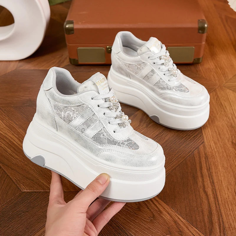 AUTUSPIN 7.5cm Women Lace Shoes Summer Breathable Microfiber Leather Splicing High Platform Skateboard Sneakers Oudoor Tide