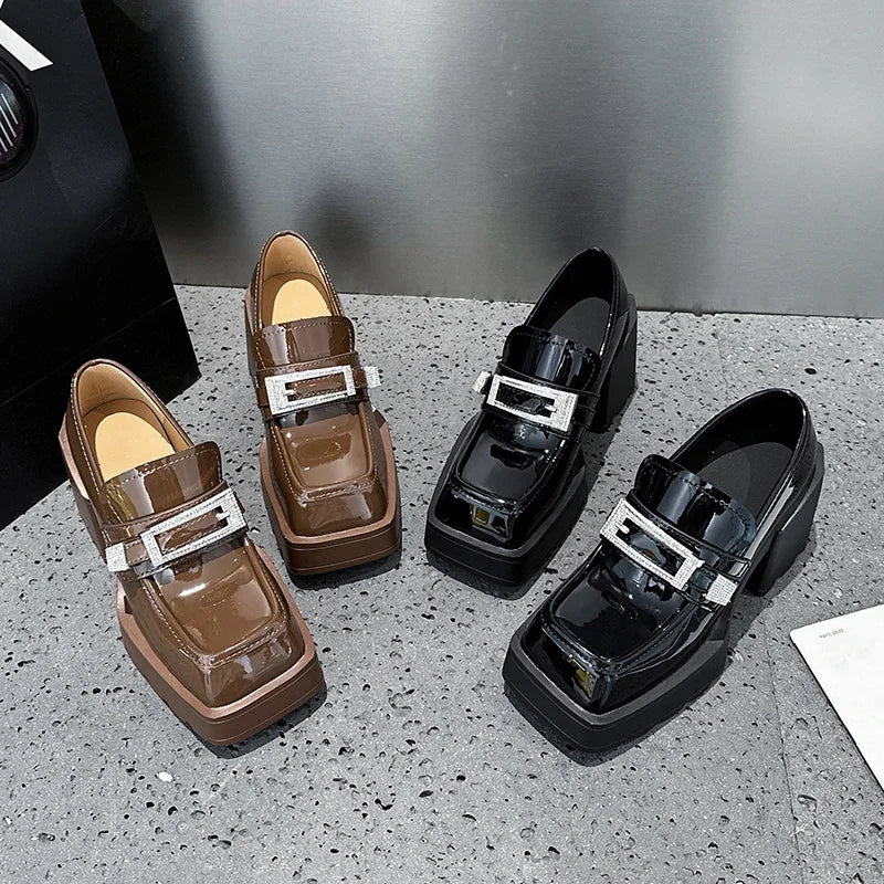 AUTUSPIN 9cm High Thick Heels Mary Janes Shoes Women Fashion Crystal Woman Pumps Patent Leather Shallow Female Platform Shoes