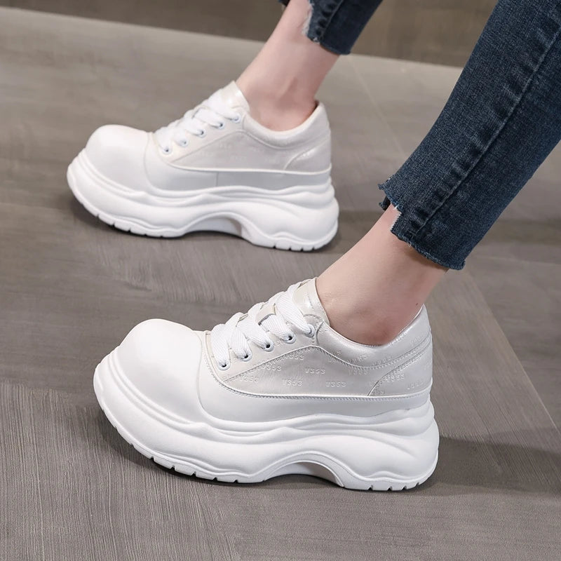 AUTUSPIN 7cm Fashion Shoes for Women 2025 Spring Summer Soft Leather Wide Toe Sneakers Leisure Woman Footwear Outdoor Casual