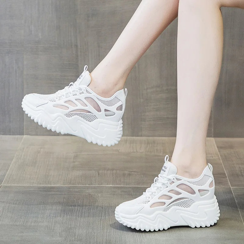 DRKANOL White Air Mesh Casual Sneakers Women 8cm Wedges Heel Height Increasing Chunky Platform Shoes Summer Breathable Shoes
