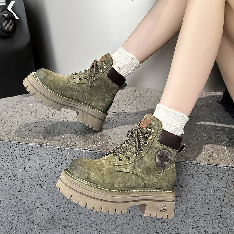 AUTUSPIN 6cm Thick Heels Women Motorcycle Boots Winter Autumn Female Fashion Cross-tied Genuine Leather Shoes Short Ankle Boot