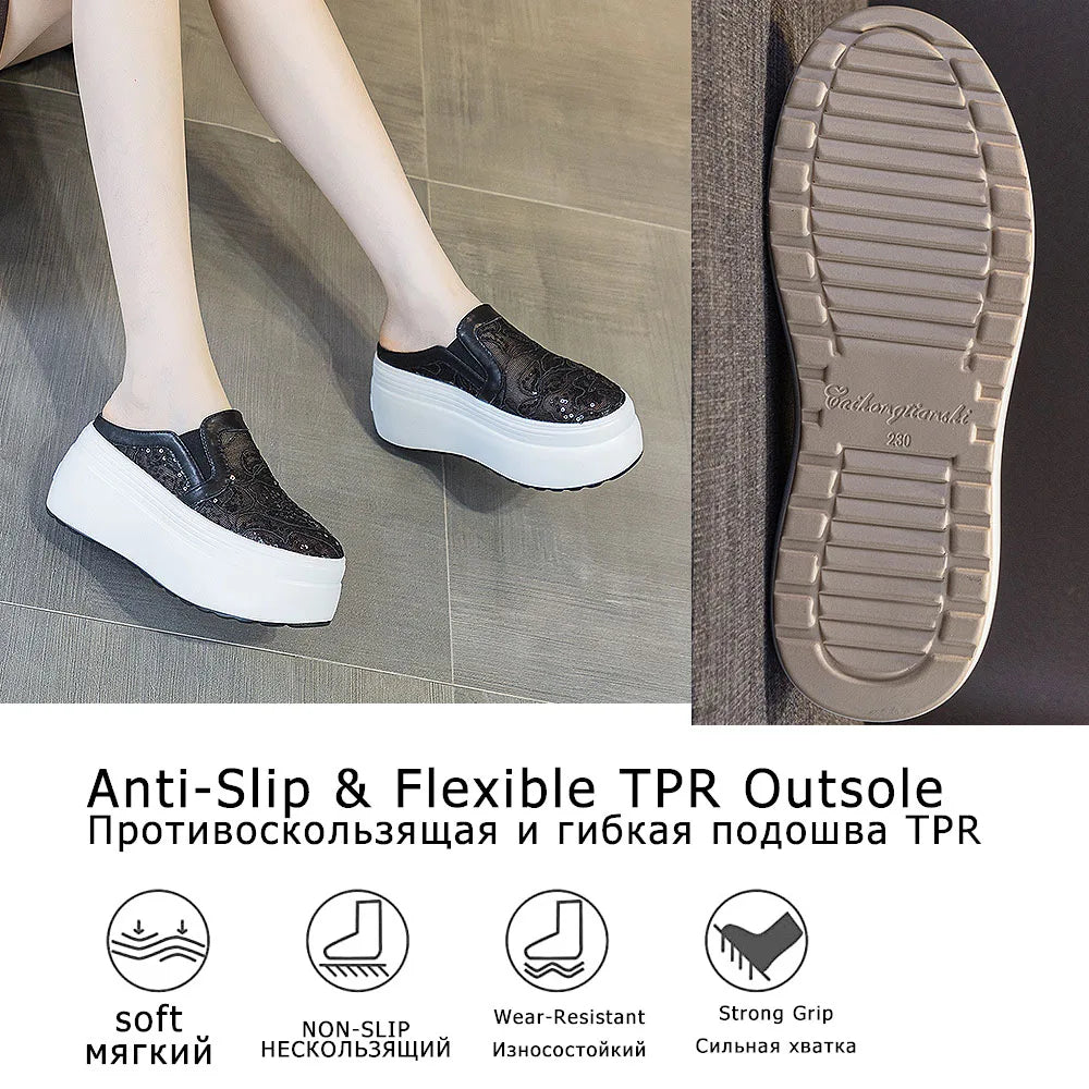Fujin 8cm Air Mesh Lace Genuine Leather Comfy Platform Wedge Slippers High Brand Breathable Summer Platform Wedge Casual Shoes