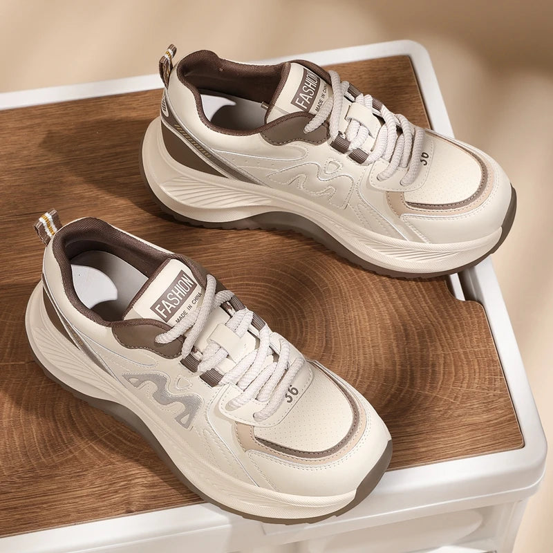 AUTUSPIN 4.5cm Comfortable Thick Soled Ladies Shoes Outdoor Casual Fashion Sneakers Women Leather Footwear Students Gym Shoes