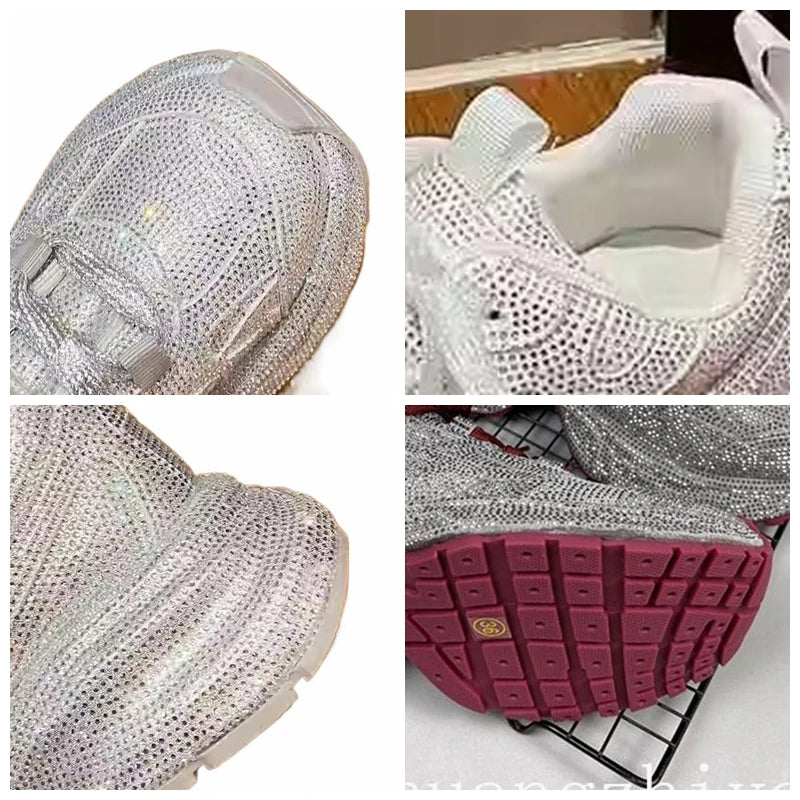 Fujin 5cm Women Sneakers Spring Lace-Up Casual Working Shoes Wearing Shoes High Brand Platform Wedge Silver Crystal Outside