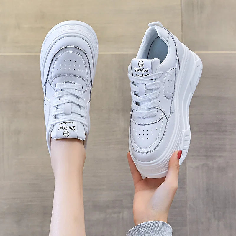 Fujin 6cm Women Shoes Chunky Sneakers Out Genuine Leather Casual White Wedge Shoes Platform Heel Pumps Mujer Bombas Breathable