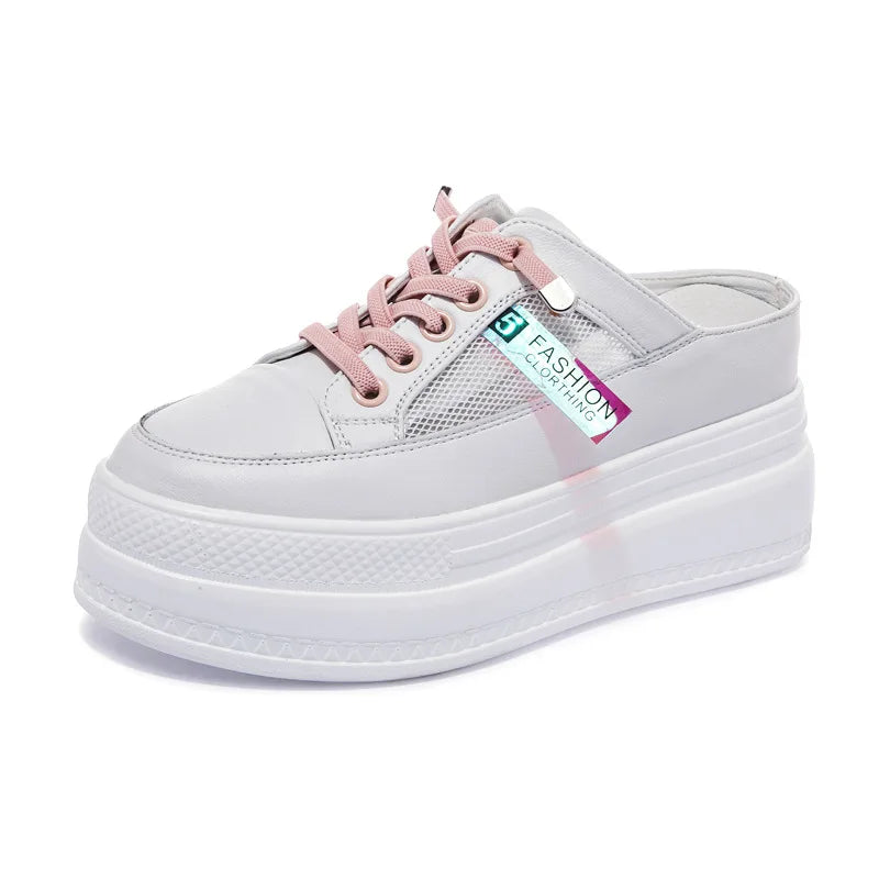 Fujin 2024 Genuine Leather Women Summer Shoes 8cm Platform Wedge Sneakers Beach Shoes Sandals Mules Slippers Sliades Air Mesh