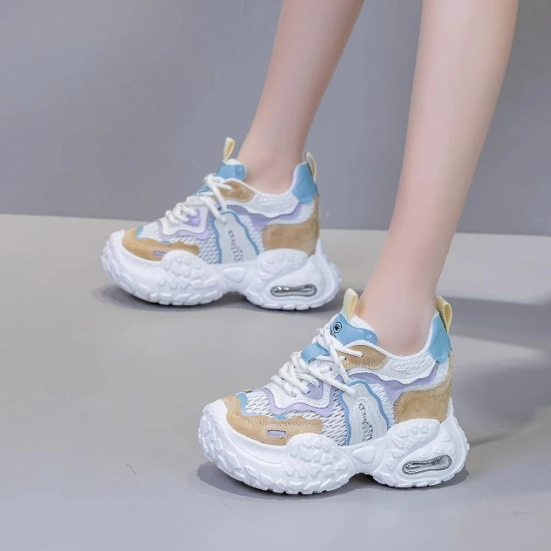 Fujin 12cm Air Mesh Shoes Mules Shoes Vulcanize Sandals Chunky Sneakers Hollow Slides Women Summer Microfiber Platform Wedge