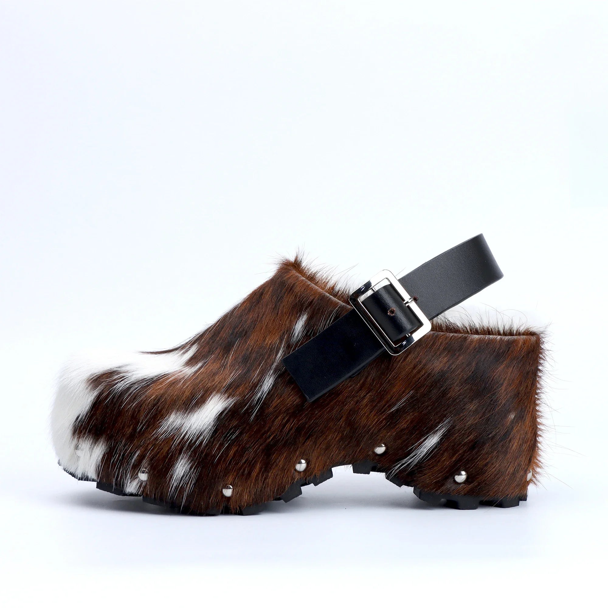 Luxury Platform Clogs for Women Mules - Designer Calf Hair & Wool-Lined Fur Sandals with Adjustable Strap, Slip-On Comfort