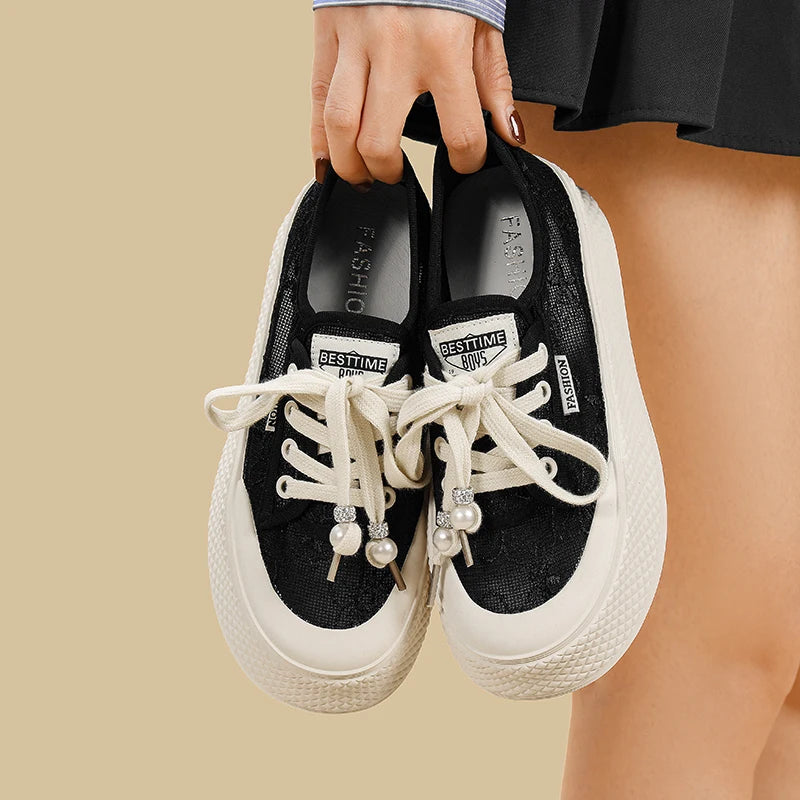 AUTUSPIN 4cm Breathable Lace Mesh Women's Shoes Summer New Arrival Platform Chunky Canvas Shoe Students Casual Sneakers 2024