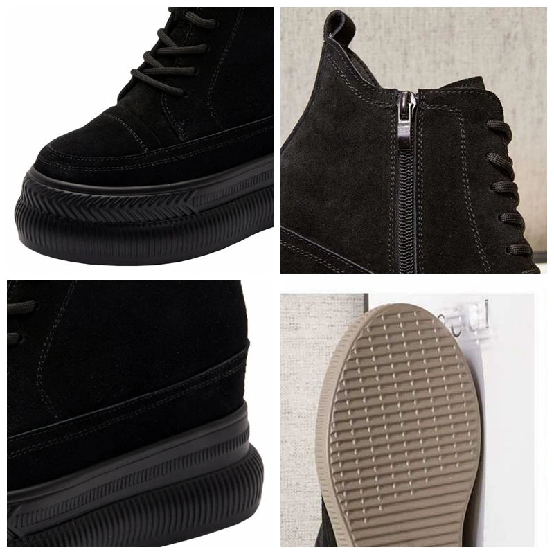 Fujin 10cm Suede Cow Genuine Leather Spring Motorcycle Fashion ZIP Ankle Boots Platform Wedge Flats Women Autumn British Shoes