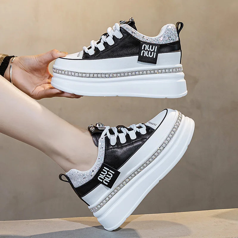 Fujin 7cm Genuine Leather Women Platform Wedge Autumn Spring Hidden Heels Women Vulcanized Bling Chunky Sneakers Casual Shoes