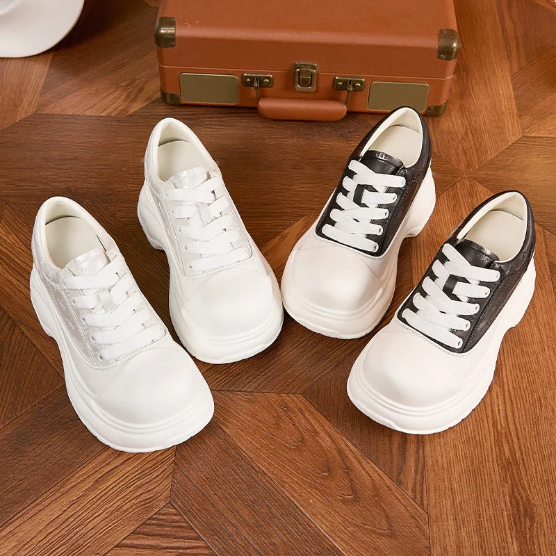 AUTUSPIN 6.5cm Chunky White Shoes for Women Summer Autumn Fashion Lace-up Platform Casual Shoes Female Flats Bottom Sneakers