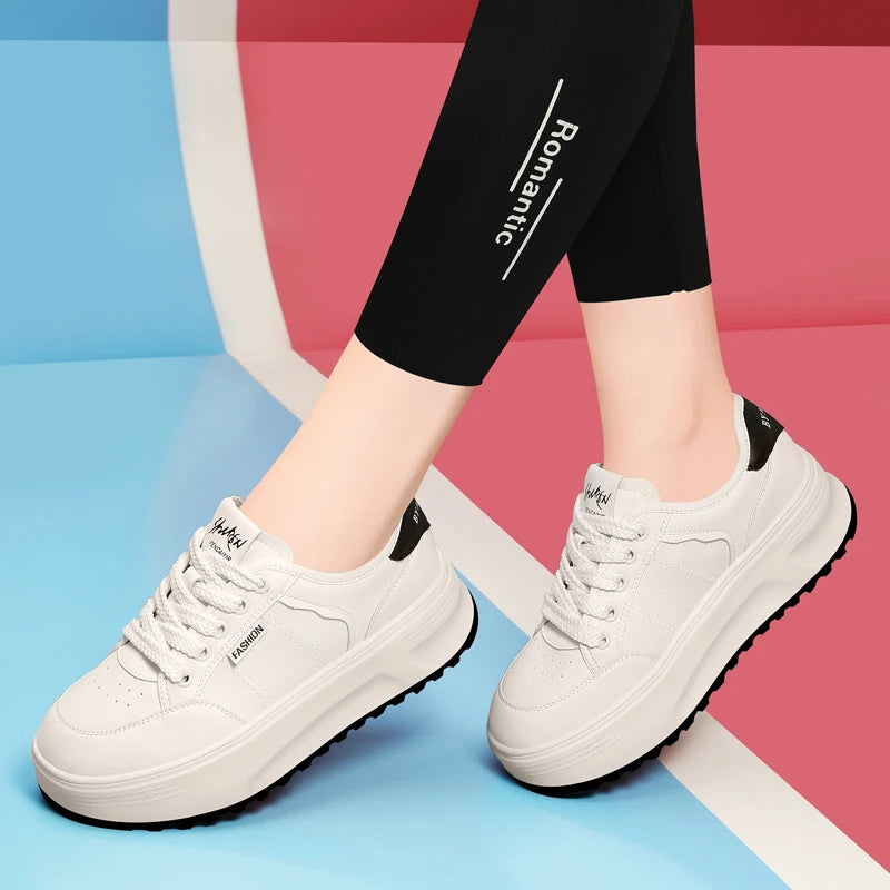 AUTUSPIN 2cm Flat Skateboarding Shoes Women Winter Autumn Synthetic Leather Platform Female Shoes Students Daily Sports Sneakers