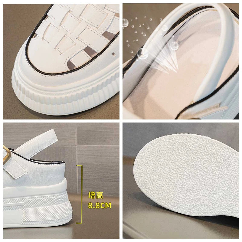 Fujin 8cm Platform Wedge Buckle Weave Sandals Ladies Shoes Women Moccasins Summer Retro British Natural Cow Genuine Leather