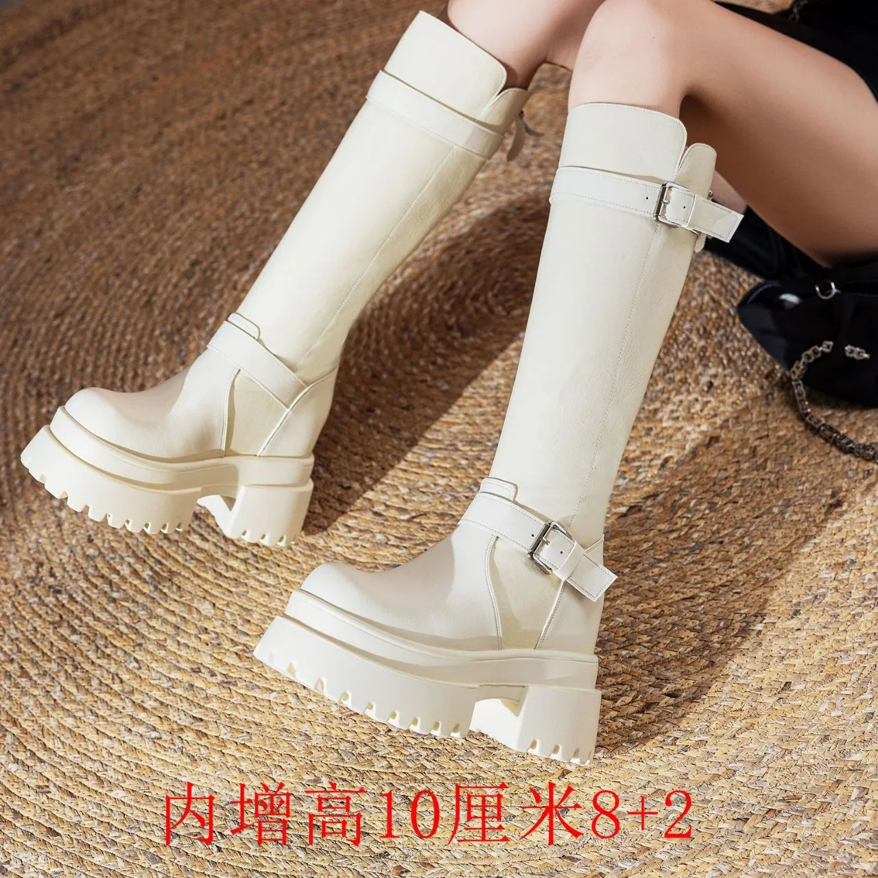 Fujin 4 Inch 10cm Knee High Boots Genuine Leather Zip Comfortable Platform Wedge Heel Booties Sexy Motorcycle Casual Shoes
