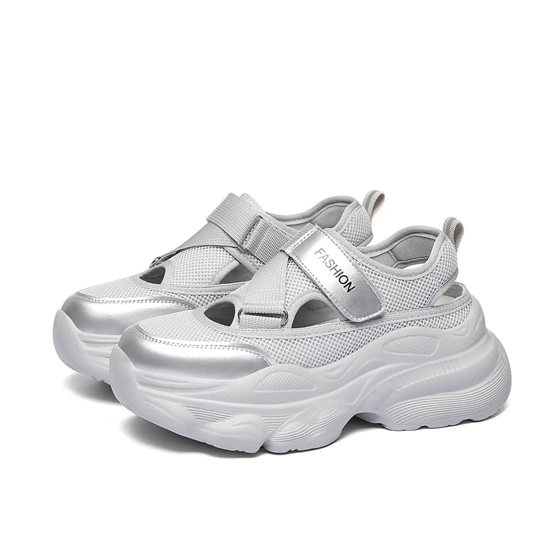 Autuspin 5.5cm Thick Bottom Women's Vulcanize Shoes Summer New Fashion Female Hollow Mesh Breathable Sports Sandals Sneakers