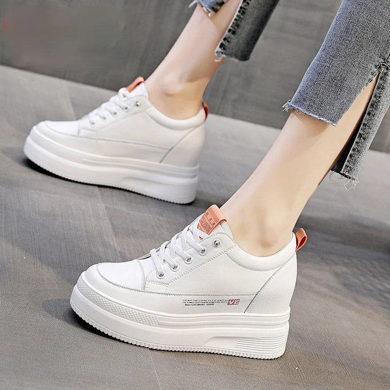 Fujin Women Shoes Chunky Sneakers Air Mesh Hollow Out Genuine Leather White Wedge Shoes Platform Heel Pumps Mujer Bombas