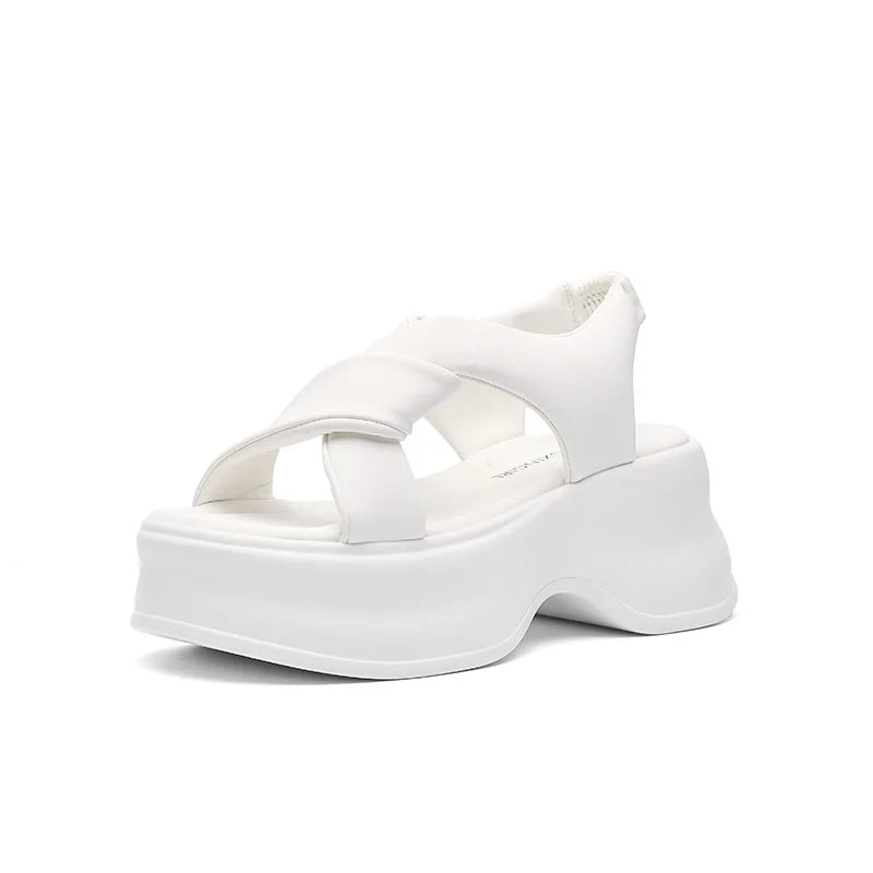 Fujin 7.5cm PU Synthetic Microfiber Leather Platform Wedge Flats Fashion Slippers Women Sandals Fashion Peep Toe Shoes Pumps