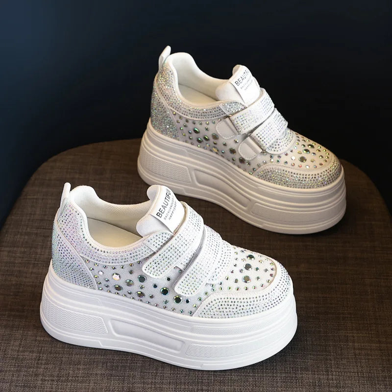 Koznoy 10.5cm Air Mesh Synthetic Leather Chunky Sneaker Women Comfy Summer Bling Platform Wedge Fsahion Ankle Boots Shoes