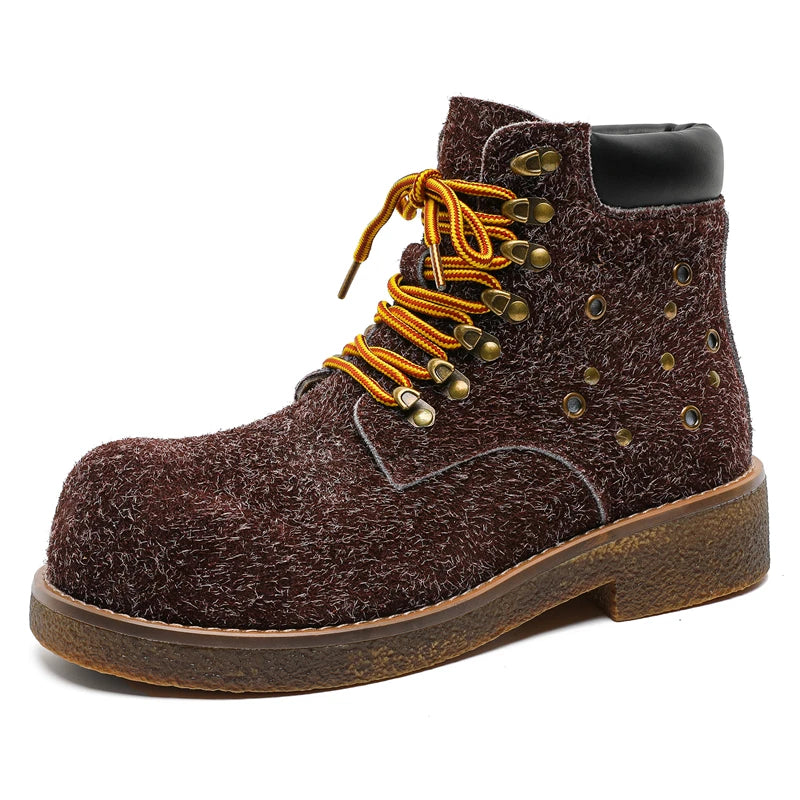 STRONGSHEN Handmade Men Motorcycle Boots Chunky Ankle Boots Leather Men Boots Retro Round Toe Autumn Winter Punk Street Style
