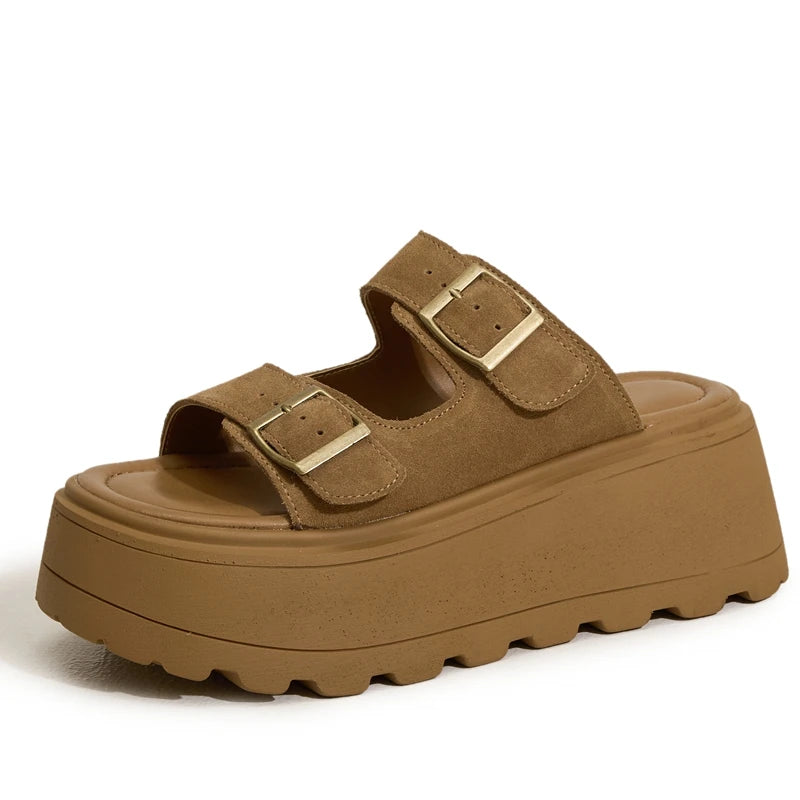 AUTUSPIN 7cm Women Wedges High Heels Fashion Thick Platform Woman Sandals Suede Leather Ladie Summer Shoes Beach Chunky Slippers