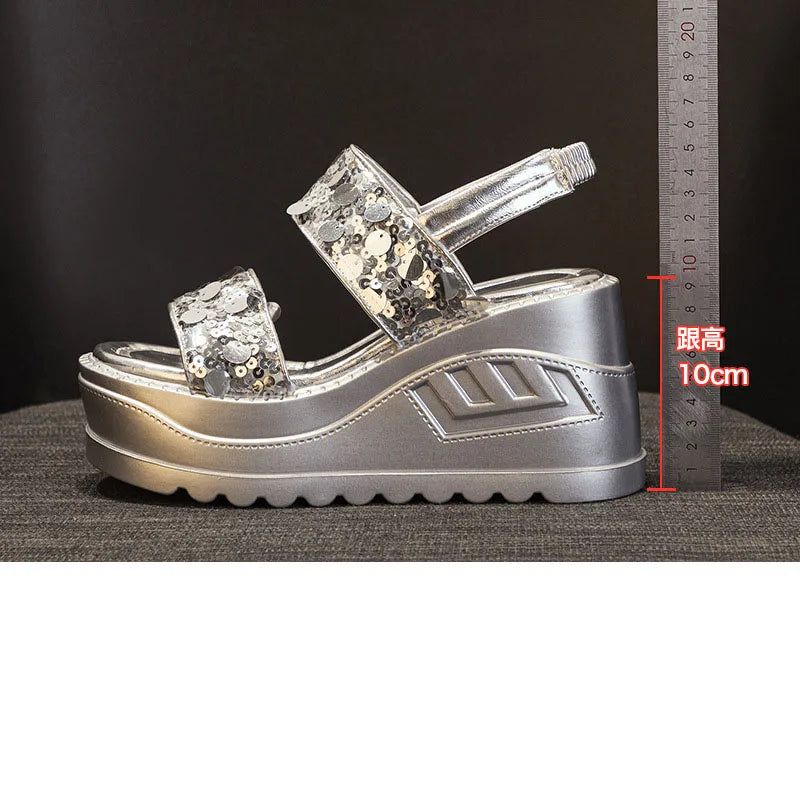 Koznoy 10cm Synthetic Leather Slippers Bling Summer Sandal Platform Wedge Fashion Flats Women Fashion Sandals Hollow Pumps Flats