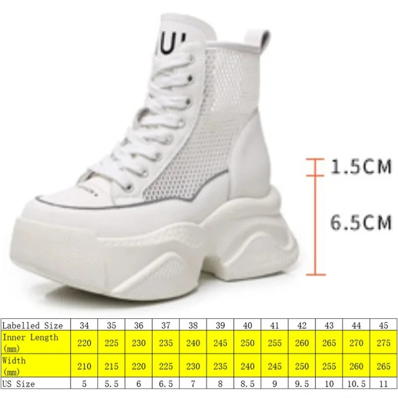 Fujin 8cm Women Breathable Platform Chimney Hollow Fashion Summer Shoes Air Mesh Genuine Leather Synthetic Mid Calf Ankle Boots