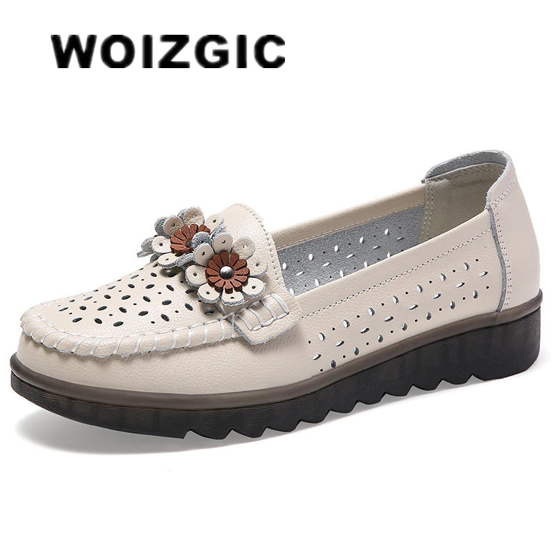 WOIZGIC Women Female Ladies Mother Genuine Leather Shoes Flats Loafers Platform Hollow Slip On Summer Cool Flowers Moccasins