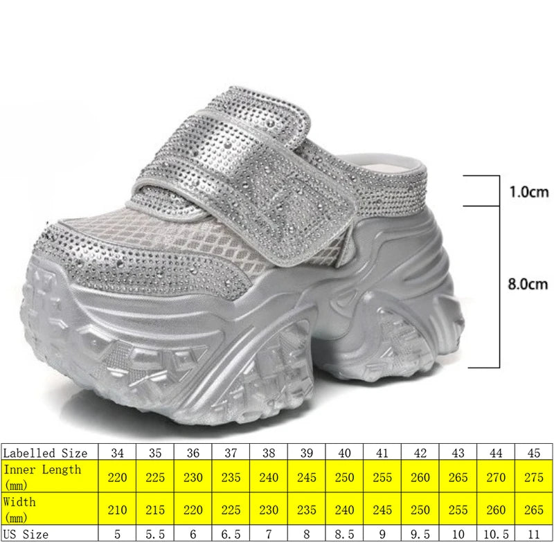 Fujin 9cm Air Mesh Microfiber Leather Women Bling Vulcanize Platform Wedge Flats Chunky Sneakers Slipper Hidden Heel Shoes