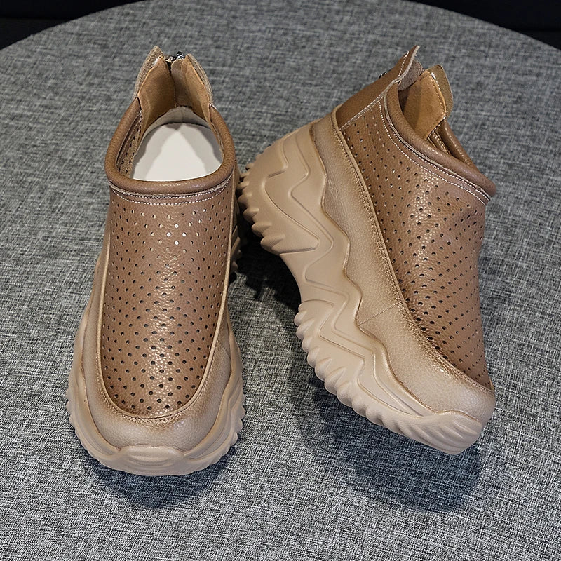 Autuspin 7cm Women Pumps Summer Breathable Fashion Hollow Shoes Female Back Zipper Wedge Platform High Heels Quality Leather