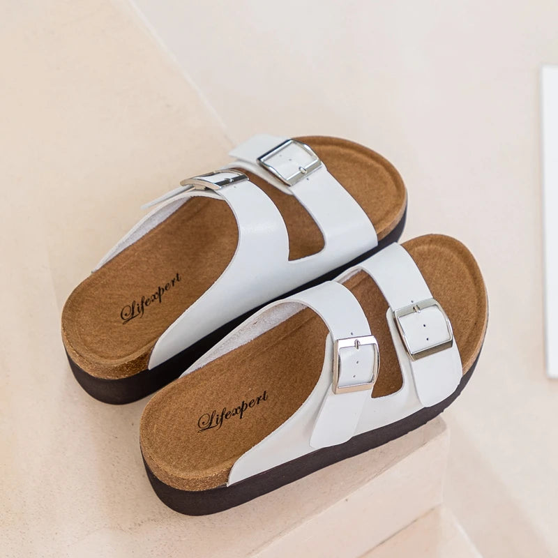 AUTUSPIN 7cm Women High Heeled Slippers Summer Beach Casual Shoes Ladies Ins Fashion Soft Leather Buckle Sandals Shoes Woman