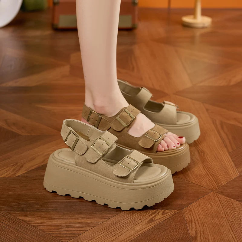 AUTUSPIN 7cm Women Sandals Summer Fashion Ladies Suede Leather Buckles Shoes Outdoor Popular Female Rome Platform Sandalias